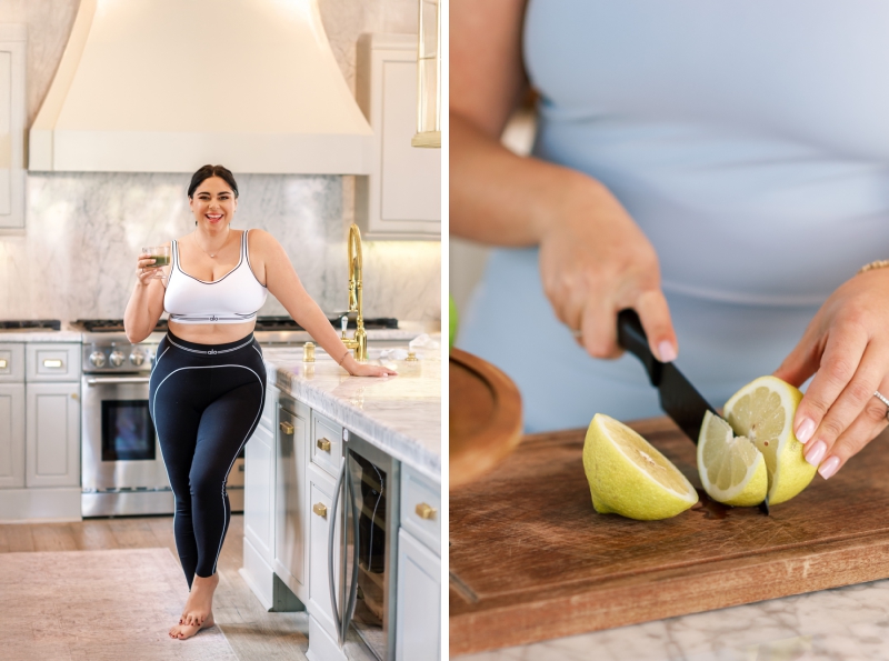 Wellness founder Roxy Earle in Los Angeles kitchen—wearing athleisure brand ALO, visuals by photographer Vicki Bartel.